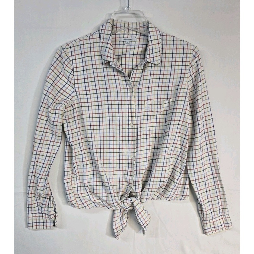 Madewell plaid front tie cropped top shirt size M cotton